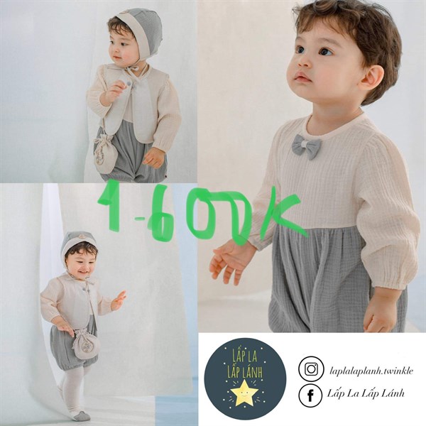 Happy Prince Fullset Romper gile trắng xám nơ