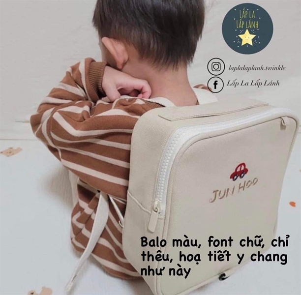 Bongbongmonster Balo size NHỎ thêu tên + họa tiết NHỎ beige