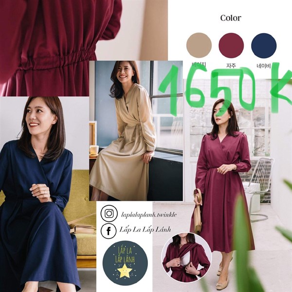 Konny Đầm bỉm sữa đan chéo tay dài eo thun Đỏ Đô