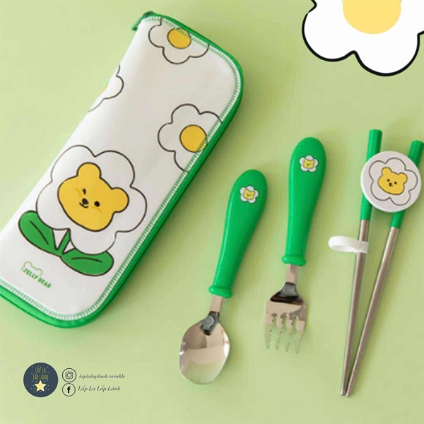 Dailylike Set muỗng nĩa đũa Jelly Bear kèm túi