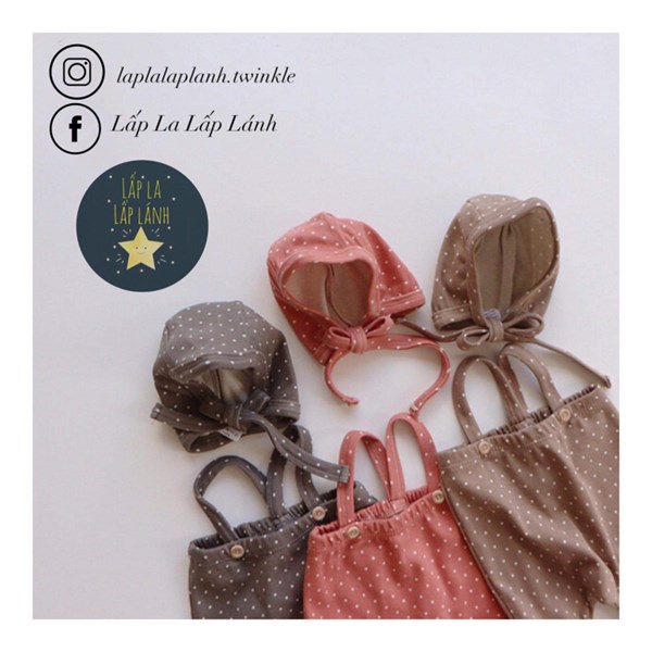 Peekaboo Quần yếm + Mũ buộc Chấm bi Nâu size 3m