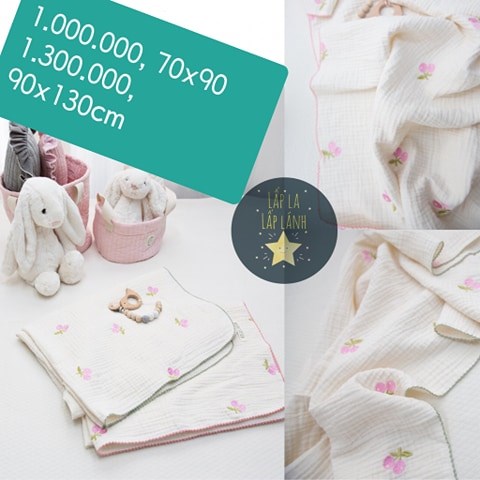 Naturestitch Chăn Họa Tiết Cherry Hồng Cuống Xanh Nền Trắng Viền Xanh 70x90cm