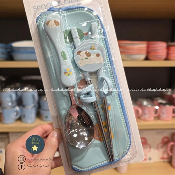 ModernHouse Set muỗng đũa tập gắp kèm túi Cún xanh