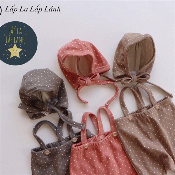 Peekaboo Quần yếm + Mũ buộc Chấm bi Xám size 3m