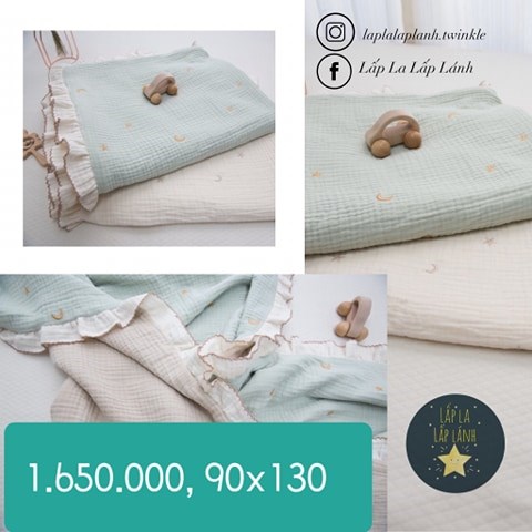 Naturestitch Chăn Vải Họa Tiết Trăng Sao Nền Xanh Viền Bèo 90x130cm