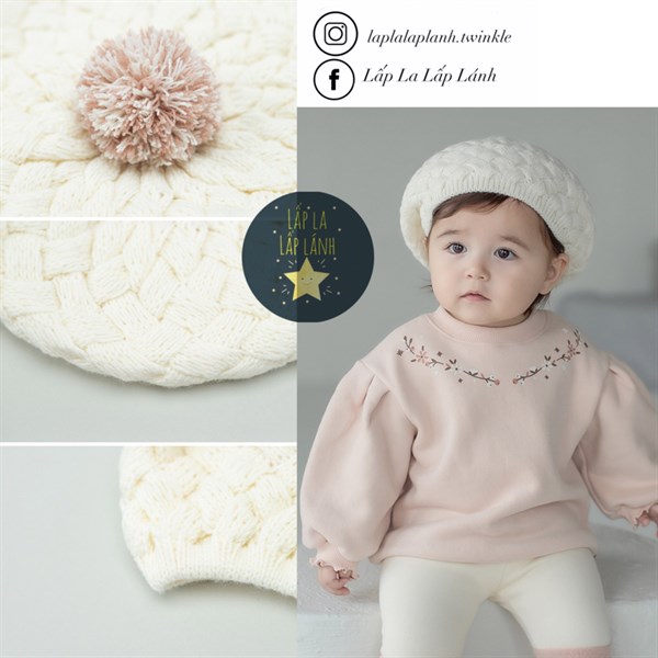 Happy Prince Mũ nồi len Trắng, quả bông Hồng