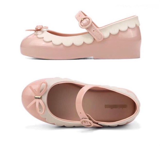 Minimelissa Giày búp bê viền bèo trắng, nơ hồng