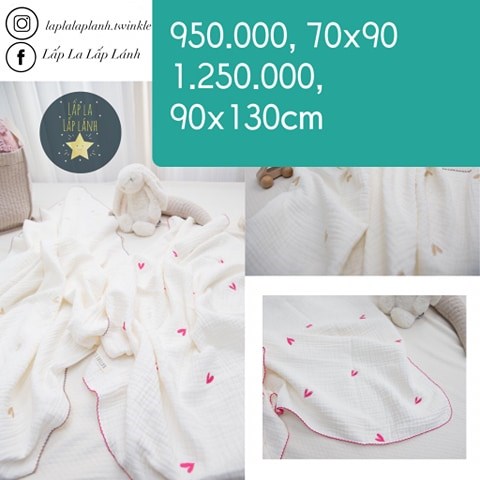 Naturestitch Chăn Vải Pink Heart Nền Trắng Viền Hồng 70x90cm