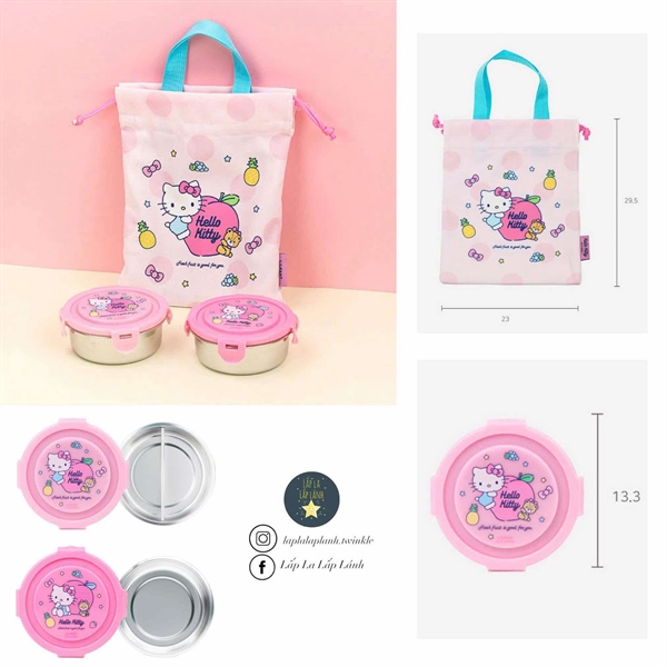 Lilfant Set 2 hộp cơm inox Hello Kitty kèm túi đựng